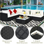 7 Piece Wicker Outdoor Sectional Sofa Set, Rattan Patio Conversation Furniture Set with Glass Coffee Table, Pillows & Cushions for Garden