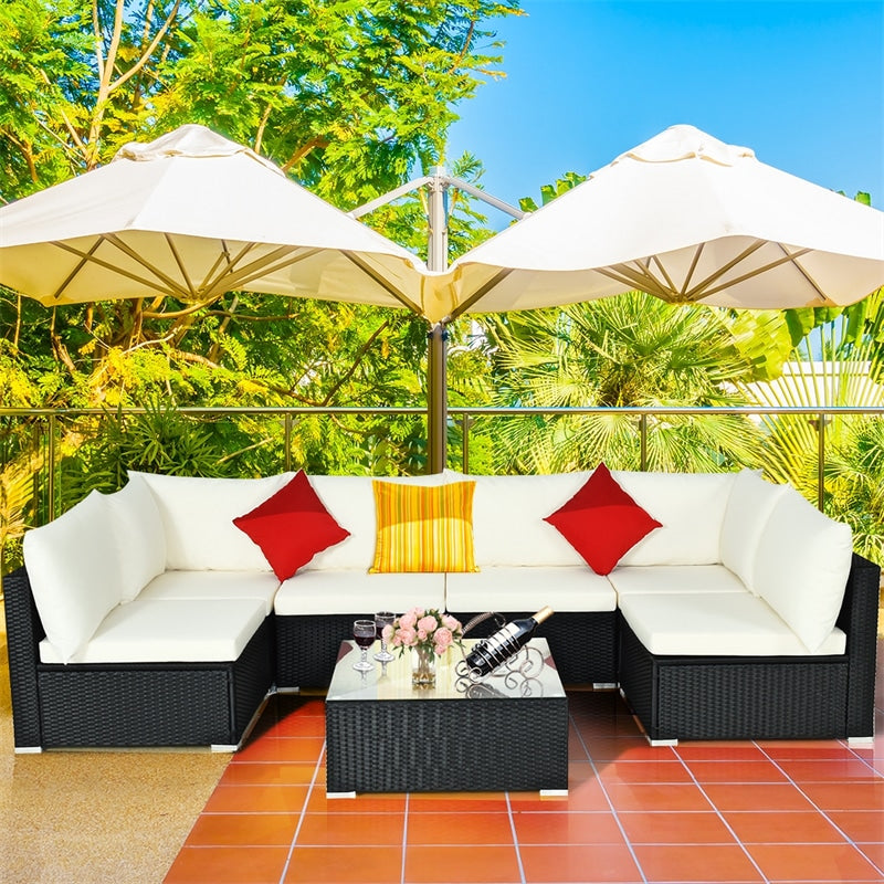 7 Piece Wicker Outdoor Sectional Sofa Set, Rattan Patio Conversation Furniture Set with Glass Coffee Table, Pillows & Cushions for Garden