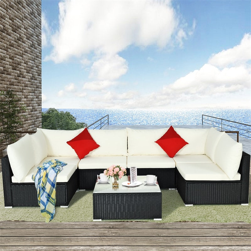 7 Piece Wicker Outdoor Sectional Sofa Set, Rattan Patio Conversation Furniture Set with Glass Coffee Table, Pillows & Cushions for Garden