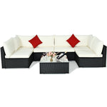 7 Piece Wicker Outdoor Sectional Sofa Set, Rattan Patio Conversation Furniture Set with Glass Coffee Table, Pillows & Cushions for Garden