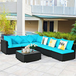 7 Piece Wicker Outdoor Sectional Sofa Set, Rattan Patio Conversation Furniture Set with Glass Coffee Table, Pillows & Cushions for Garden