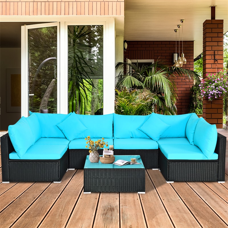 7 Piece Wicker Outdoor Sectional Sofa Rattan Patio Conversation Set Garden Lawn Furniture Set with Glass Coffee Table, Pillows & Cushions