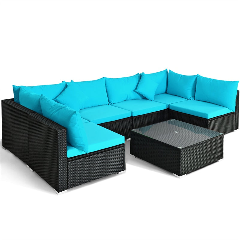 7 Piece Wicker Outdoor Sectional Sofa Set, Rattan Patio Conversation Furniture Set with Glass Coffee Table, Pillows & Cushions for Garden