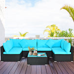 7 Piece Wicker Outdoor Sectional Sofa Set, Rattan Patio Conversation Furniture Set with Glass Coffee Table, Pillows & Cushions for Garden