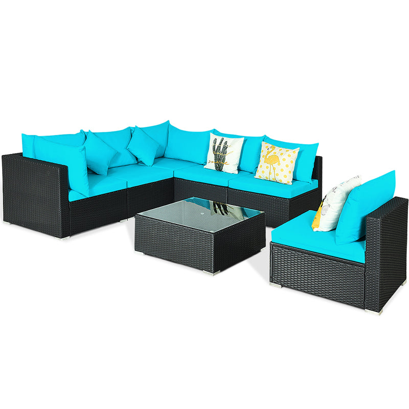 7 Piece Wicker Outdoor Sectional Sofa Set, Rattan Patio Conversation Furniture Set with Glass Coffee Table, Pillows & Cushions for Garden