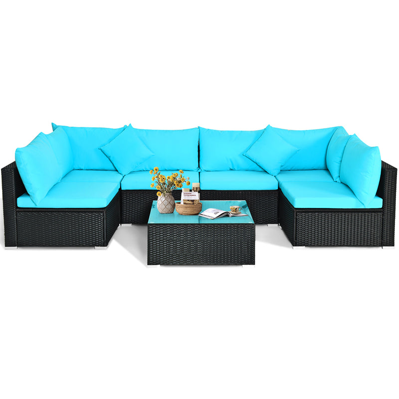 7 Piece Wicker Outdoor Sectional Sofa Set, Rattan Patio Conversation Furniture Set with Glass Coffee Table, Pillows & Cushions for Garden