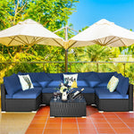 7 Piece Wicker Outdoor Sectional Sofa Set, Rattan Patio Conversation Furniture Set with Glass Coffee Table, Pillows & Cushions for Garden