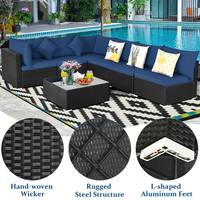 7 Piece Wicker Outdoor Sectional Sofa Set, Rattan Patio Conversation Furniture Set with Glass Coffee Table, Pillows & Cushions for Garden