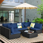 7 Piece Wicker Outdoor Sectional Sofa Set, Rattan Patio Conversation Furniture Set with Glass Coffee Table, Pillows & Cushions for Garden