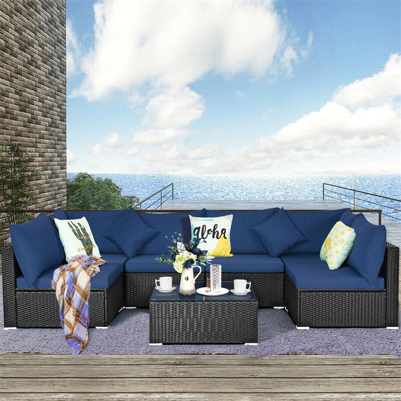 7 Piece Wicker Outdoor Sectional Sofa Rattan Patio Conversation Set Garden Lawn Furniture Set with Glass Coffee Table, Pillows & Cushions