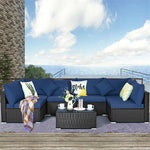 7 Piece Wicker Outdoor Sectional Sofa Set, Rattan Patio Conversation Furniture Set with Glass Coffee Table, Pillows & Cushions for Garden