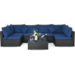 7 Piece Wicker Outdoor Sectional Sofa Set, Rattan Patio Conversation Furniture Set with Glass Coffee Table, Pillows & Cushions for Garden