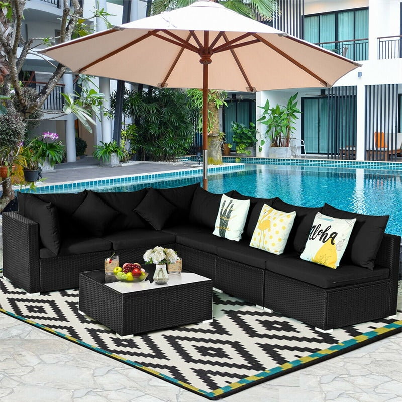 7 Piece Wicker Outdoor Sectional Sofa Set, Rattan Patio Conversation Furniture Set with Glass Coffee Table, Pillows & Cushions for Garden