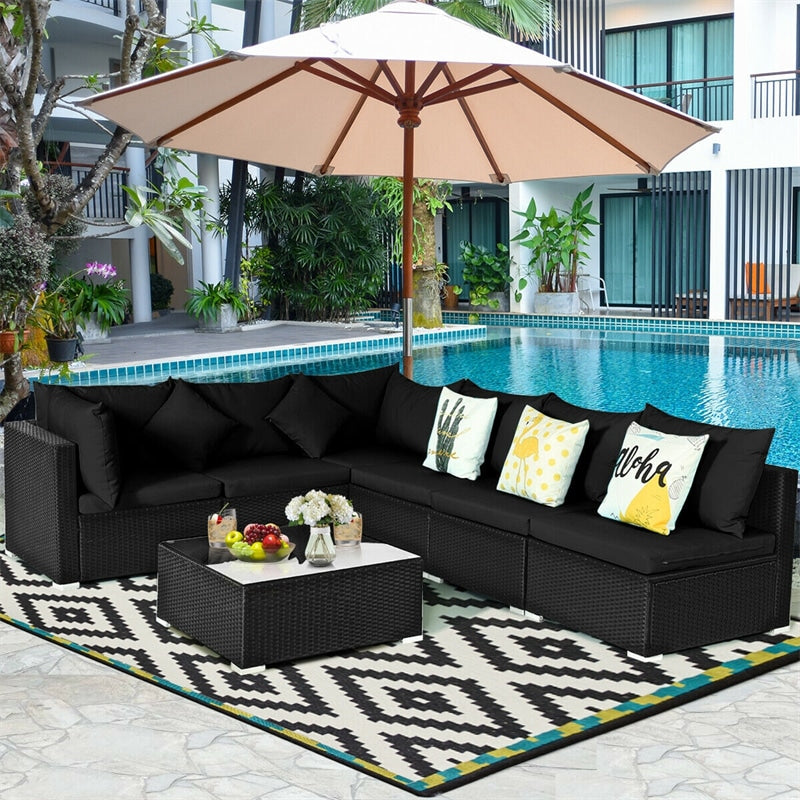 7 Piece Wicker Outdoor Sectional Sofa Rattan Patio Conversation Set Garden Lawn Furniture Set with Glass Coffee Table, Pillows & Cushions