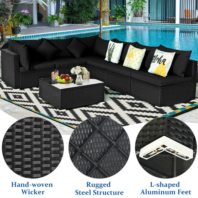 7 Piece Wicker Outdoor Sectional Sofa Rattan Patio Conversation Set Garden Lawn Furniture Set with Glass Coffee Table, Pillows & Cushions