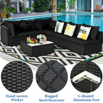 7 Piece Wicker Outdoor Sectional Sofa Set, Rattan Patio Conversation Furniture Set with Glass Coffee Table, Pillows & Cushions for Garden