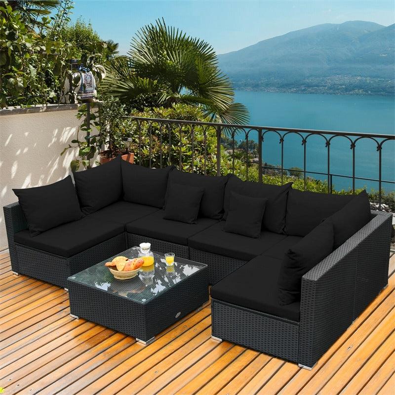 7 Piece Wicker Outdoor Sectional Sofa Set, Rattan Patio Conversation Furniture Set with Glass Coffee Table, Pillows & Cushions for Garden