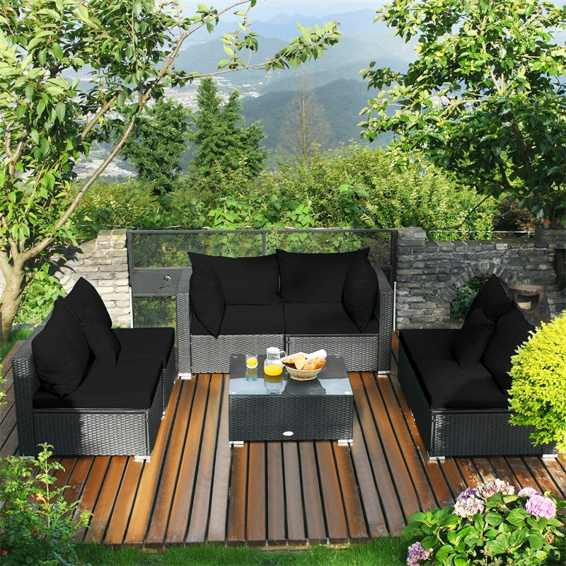 7 Piece Wicker Outdoor Sectional Sofa Rattan Patio Conversation Set Garden Lawn Furniture Set with Glass Coffee Table, Pillows & Cushions