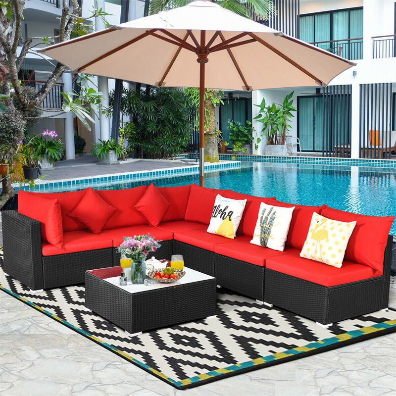 7 Piece Wicker Outdoor Sectional Sofa Set, Rattan Patio Conversation Furniture Set with Glass Coffee Table, Pillows & Cushions for Garden