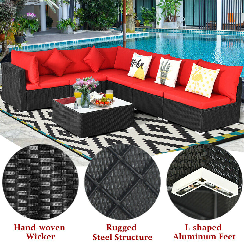 7 Piece Wicker Outdoor Sectional Sofa Rattan Patio Conversation Set Garden Lawn Furniture Set with Glass Coffee Table, Pillows & Cushions