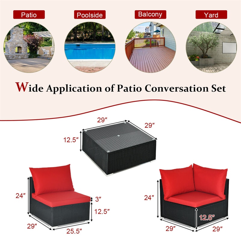 7 Piece Wicker Outdoor Sectional Sofa Set, Rattan Patio Conversation Furniture Set with Glass Coffee Table, Pillows & Cushions for Garden