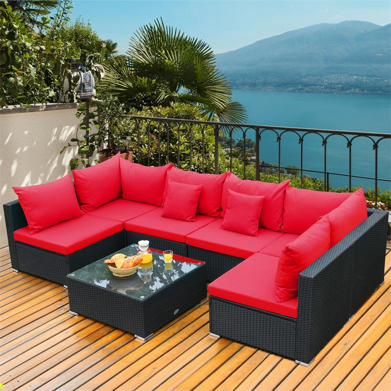 7 Piece Wicker Outdoor Sectional Sofa Set, Rattan Patio Conversation Furniture Set with Glass Coffee Table, Pillows & Cushions for Garden