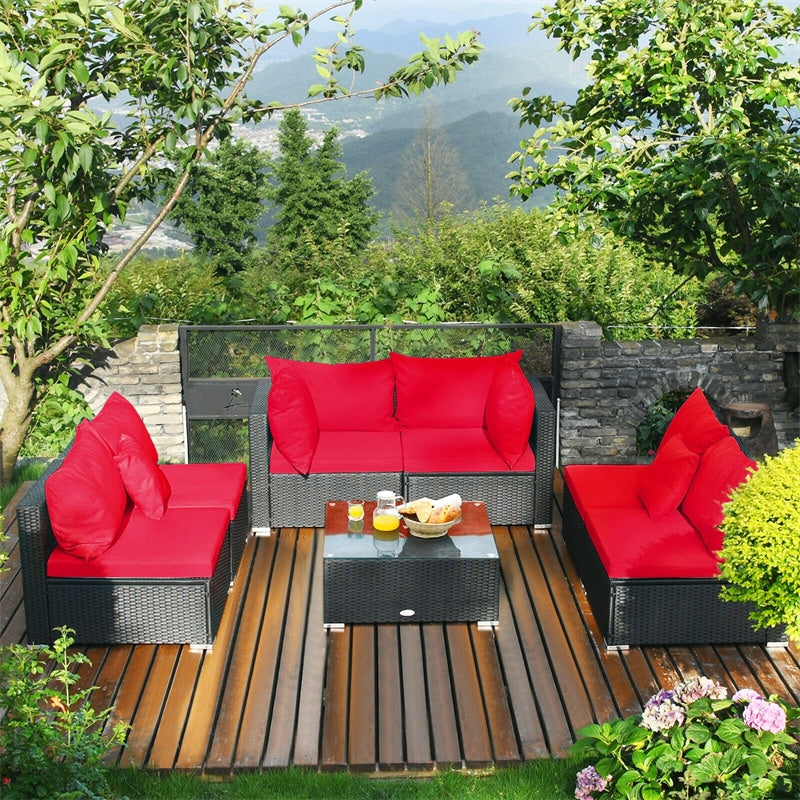 7 Piece Wicker Outdoor Sectional Sofa Set, Rattan Patio Conversation Furniture Set with Glass Coffee Table, Pillows & Cushions for Garden