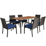 7 Piece Patio Wicker Dining Set Outdoor Acacia Wood Dining Furniture Set with Umbrella Hole & Steel Rattan Armchairs