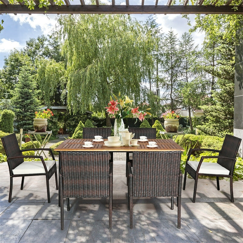 7 Piece Patio Wicker Dining Set Outdoor Acacia Wood Dining Furniture Set with Umbrella Hole & Steel Rattan Armchairs