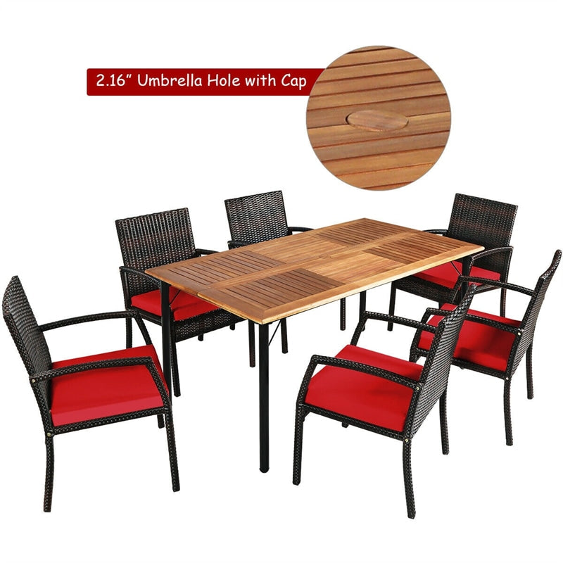 7 Piece Patio Wicker Dining Set Outdoor Acacia Wood Dining Furniture Set with Umbrella Hole & Steel Rattan Armchairs