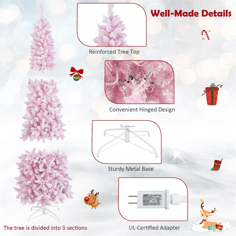 7ft Pink Pre-Lit Christmas Tree Snow Flocked Hinged Xmas Tree with 300 LED Lights, 800 Branch Tips, Artificial Slim Pencil Tree for Indoor Home Decor