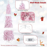 7ft Pink Pre-Lit Christmas Tree Snow Flocked Hinged Xmas Tree with 300 LED Lights, 800 Branch Tips, Artificial Slim Pencil Tree for Indoor Home Decor