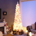 7ft Pink Pre-Lit Christmas Tree Snow Flocked Hinged Xmas Tree with 300 LED Lights, 800 Branch Tips, Artificial Slim Pencil Tree for Indoor Home Decor