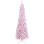 7ft Pink Pre-Lit Pencil Christmas Tree Snow Flocked Hinged Xmas Tree 800 Branch Tips with 300 LED Lights 8 Lighting Modes