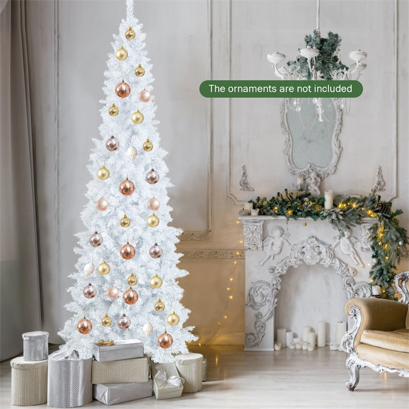 7ft White Pre-Lit Pencil Christmas Tree Hinged Slim Artificial Tree with 800 Branch Tips 300 Lights 8 Lighting Modes