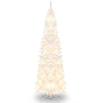 7ft White Pre-Lit Pencil Christmas Tree Hinged Slim Artificial Tree with 800 Branch Tips 300 Lights 8 Lighting Modes