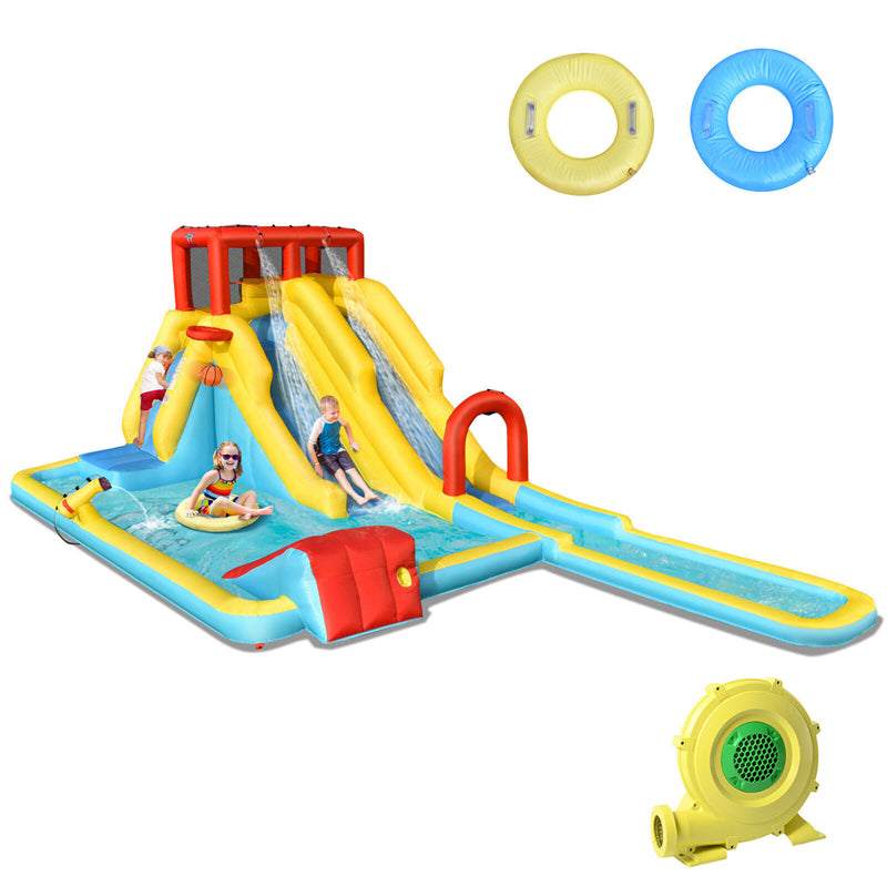 7 in 1 Kids Inflatable Water Slide Double Long Slide Bounce House Mega Waterslide Park with 735W Air Blower & Plash Pool for Backyard Party Fun