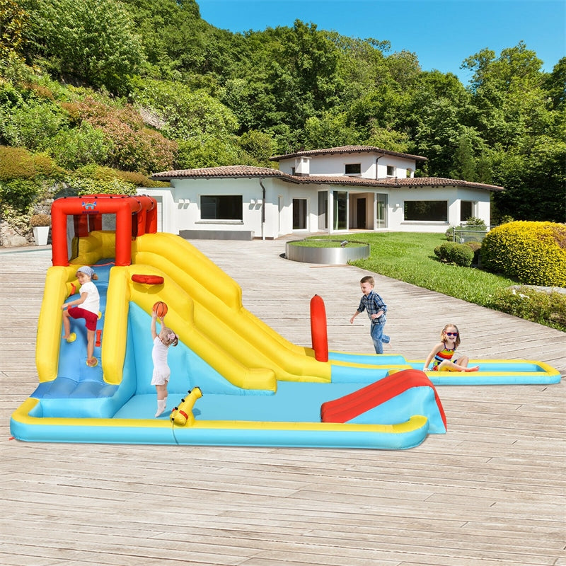 7-in-1 Inflatable Water Slide Mega Double Long Slide Waterslide Park Bounce House with Climbing Wall, Large Splash Pool without Blower