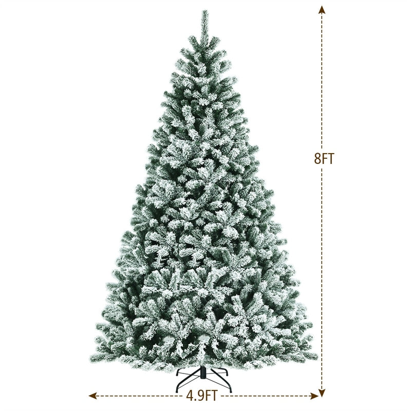 8FT Pre-Lit Snow Flocked Christmas Tree with 650 LED Lights, 1502 Branch Tips & Metal Stand, Full Hinged Artificial Xmas Tree for Holiday Home Decor