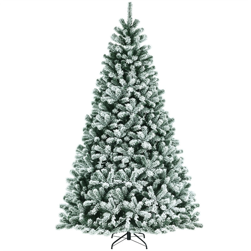 8FT Pre-Lit Snow Flocked Christmas Tree with 650 LED Lights, 1502 Branch Tips & Metal Stand, Full Hinged Artificial Xmas Tree for Holiday Home Decor