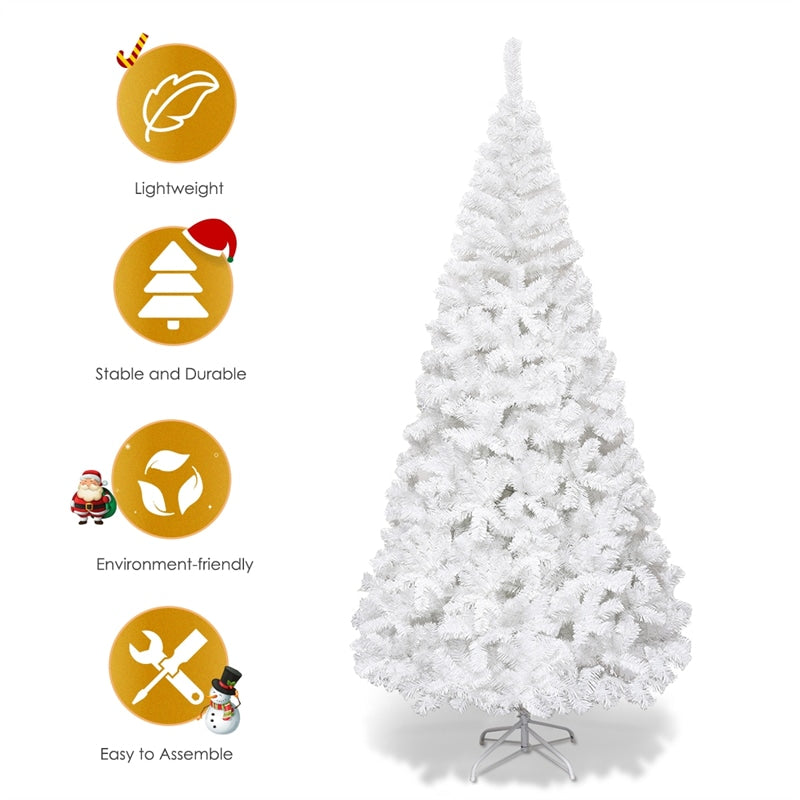 8FT White Snow Flocked Christmas Tree with 1138 PVC Branch Tips, Metal Stand, Artificial Hinged Pine Xmas Tree for Holiday Festive Celebration