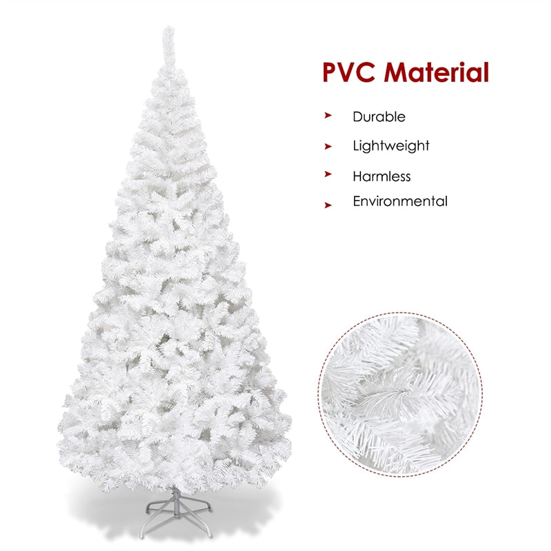 8FT White Snow Flocked Christmas Tree with 1138 PVC Branch Tips, Metal Stand, Artificial Hinged Pine Xmas Tree for Holiday Festive Celebration