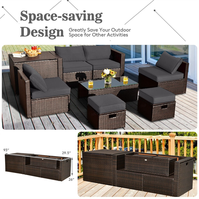 8PCS Patio Furniture Set Outdoor Space Saving PE Rattan Sectional Sofa Wicker Conversation Set w/ Storage Box, Glass Table, Waterproof Cover