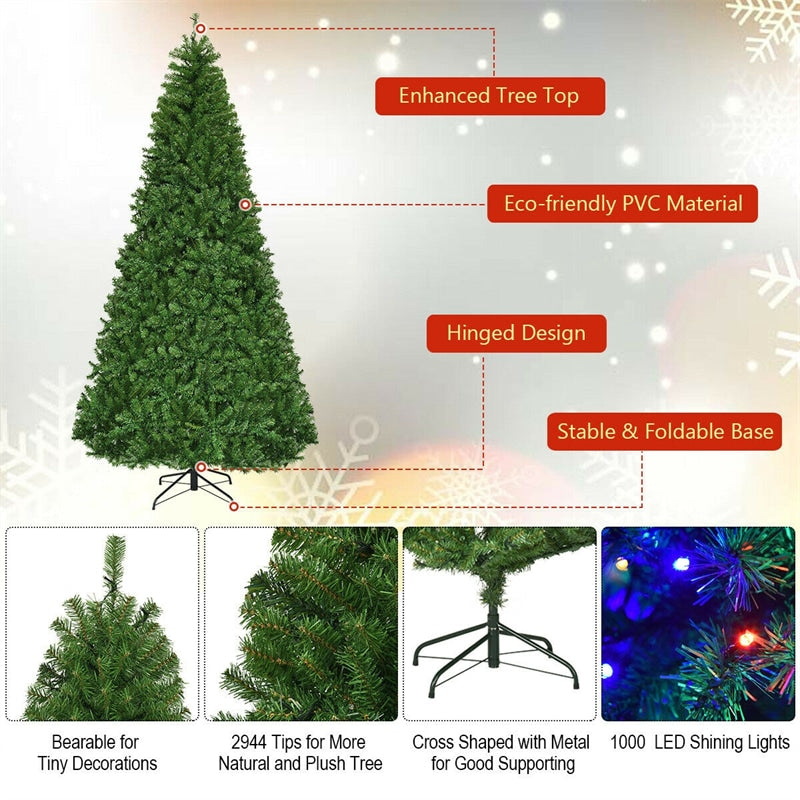 9FT Pre-Lit Artificial Christmas Tree, Hinged Pencil Tree with 1000 Multicolor LED Lights, 2944 Auto-Spread Branches & Folding Metal Stand for Decor