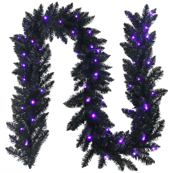 9FT Pre-lit Black Halloween Garland Artificial Christmas Garland with 50 Purple LED Lights & Timer