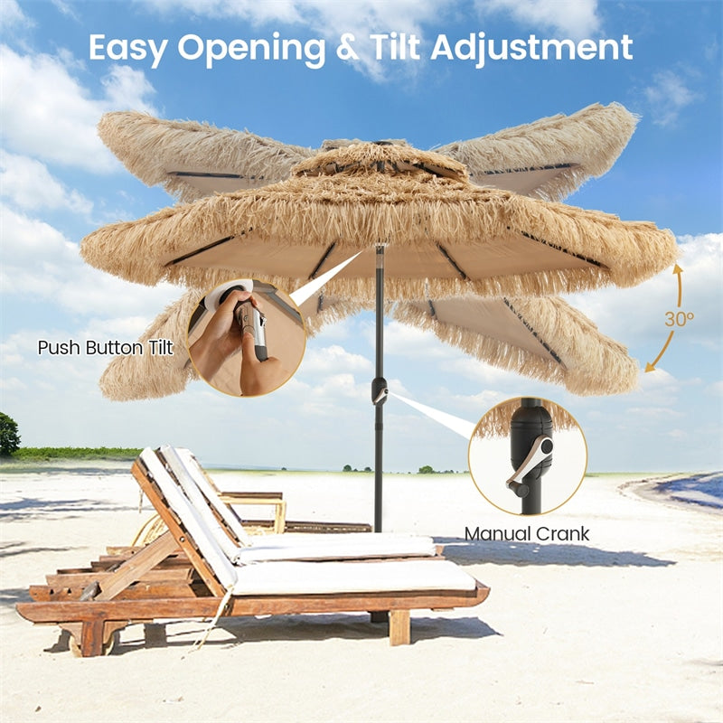 9FT Thatched Tiki Patio Umbrella with 32 Solar LED Lights, 2 Tier Hawaiian Style Grass Beach Umbrella 8 Ribs Tilt Adjustment