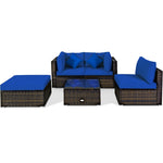 5 Piece Wicker Patio Rattan Furniture Set Outdoor Sectional Sofa with Glass Table & Cushions