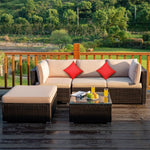 5 Piece Wicker Patio Rattan Furniture Set Outdoor Sectional Sofa with Glass Table & Cushions