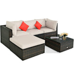 5 Piece Wicker Patio Rattan Furniture Set Outdoor Sectional Sofa with Glass Table & Cushions