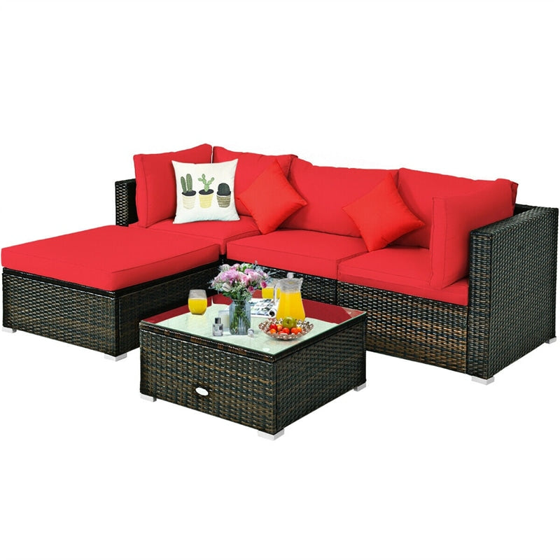 5 Piece Wicker Patio Rattan Furniture Set Outdoor Sectional Sofa with Glass Table & Cushions